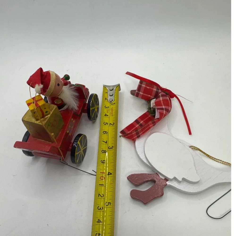 Vintage Wooden Christmas Ornaments Santa in Red‎ Car and Goose with Plaid Scarf